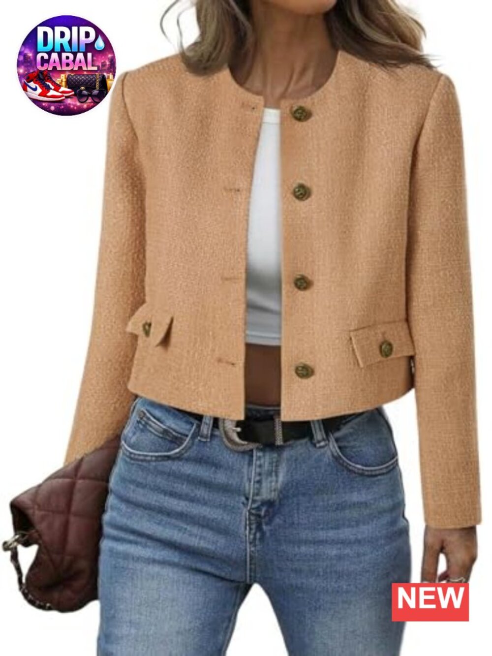 Cropped Tweed Blazer Collarless Button Down Bomber Jacket
